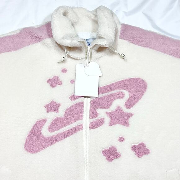 AELFRIC EDEN Oversized Sherpa Fleece Jacket Unisex Large Pink White Full Zip - Picture 3 of 10